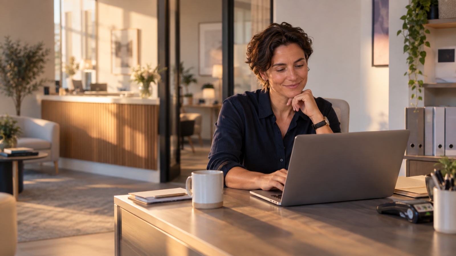 A small business owner reviewing completed work and finances in a modern office